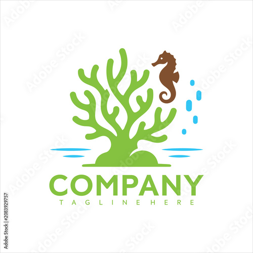 Green coral reef with brown seahorse swimming upwards surrounded by water bubbles vector graphic illustration design