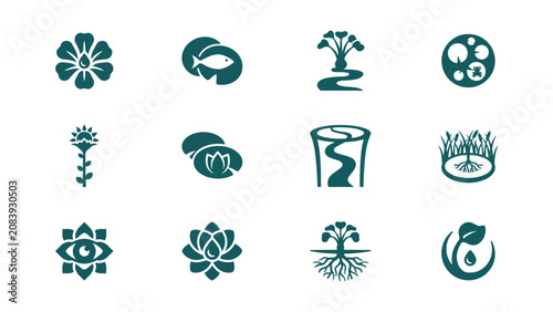 Elegant nature themed icon set showcasing botanical and aquatic elements for eco friendly branding