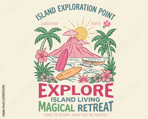 Sticker Island exploration point, tropical volcano, surfboard beach, palm trees, hibiscu