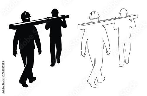 Εκτύπωση καμβά Two Construction Workers Carrying Heavy Wooden Beam or Plank Silhouette and Outl