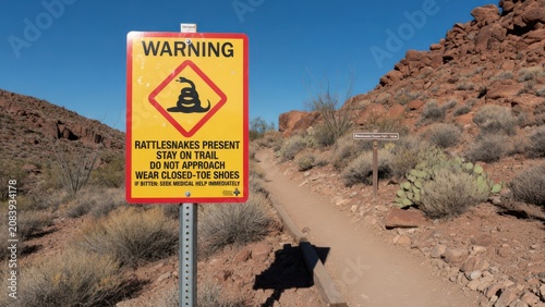 A bright yellow warning sign advises hikers about active rattlesnakes while traveling along a narrow dusty desert path framed by arid rock formations and cactus plants in the american southwest