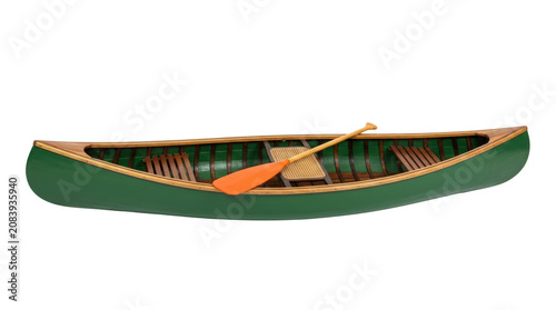 Green Canoe with Wooden Paddles on Calm Waters.