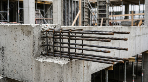 Ultra realistic close up of reinforced concrete beam with exposed steel rebar