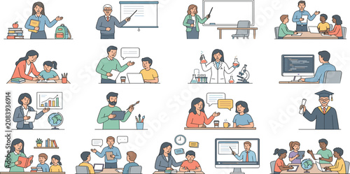 Education and school character set with teachers instructing students studying learning online and graduating vector