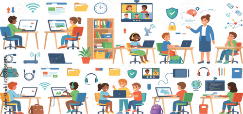 Elementary school students learning digital technology and coding in online smart classroom banner vector illustration