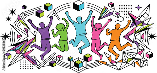 Happy diverse young people jumping together celebrating success geometric abstract futuristic neon background vector