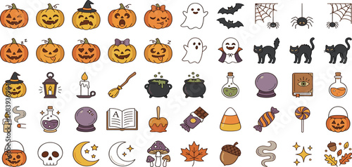 Fotografía Halloween spooky holiday element icon set with pumpkin skull ghost bat candy and