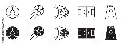 Fotografie Football Icon Set, Soccer Ball Goal Net and Stadium Match Pitch Vector Symbols
