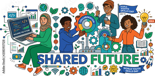 World youth skills day shared future banner with diverse students learning technology coding teamwork vector