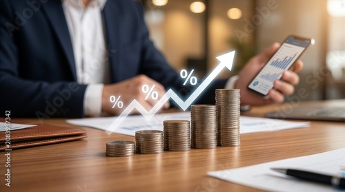 Investment in percentage with coin. income tax paid, dividends, interest rate and corporations. Businessman calculating with calculator, of return on financial research, report