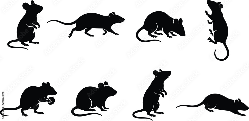 Obraz premium Black Silhouette Set of Mice and Rats in Various Poses on White BackgroundBlack Silhouette Set of Mice and Rats in Various Poses on White Background