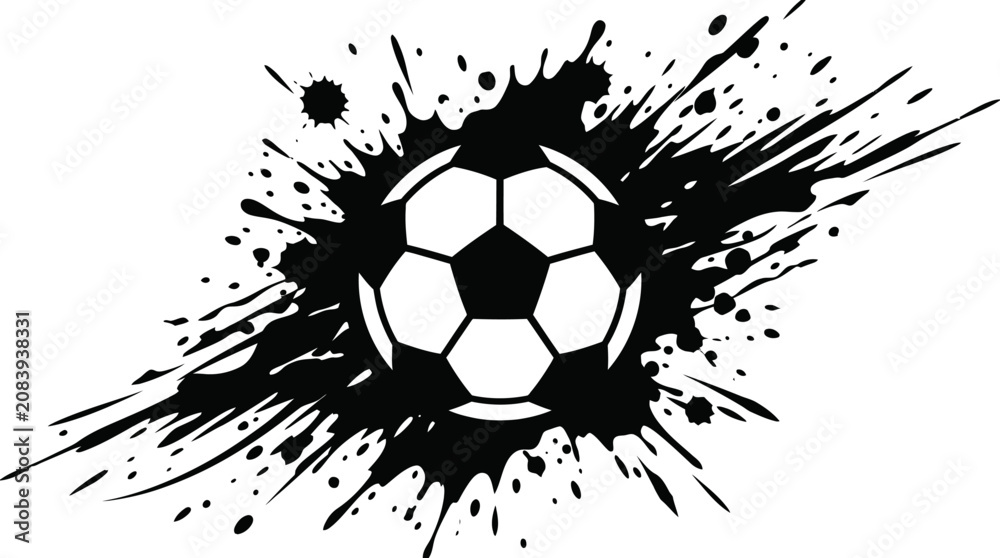 Εκτύπωση καμβά Powerful Soccer Ball with Black Abstract Splatter Effect on Isolated White Backg