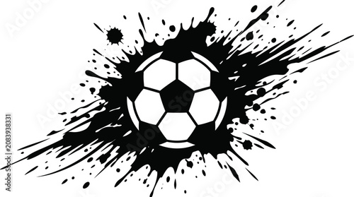 Εκτύπωση καμβά Powerful Soccer Ball with Black Abstract Splatter Effect on Isolated White Backg