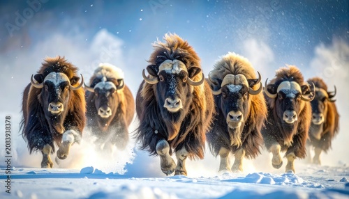 A herd of musk oxen charges through a snowy landscape.