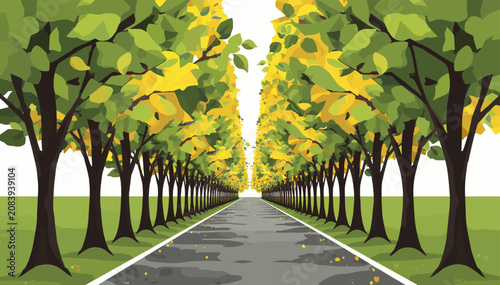 Obraz na płótnie A long, straight road lined with lush green and yellow-leafed trees forming a beautiful natural avenue receding into the distance