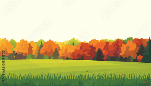 Tableau sur toile Vibrant autumn landscape with a green field in the foreground and a dense forest line of orange, red, and green trees under a bright sky