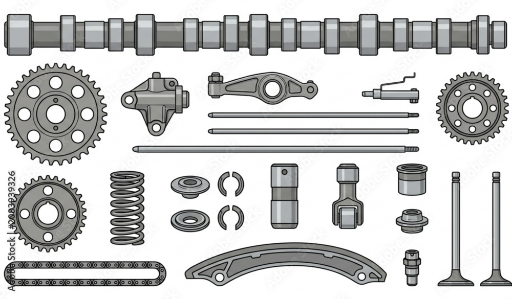 Αυτοκόλλητο Automotive engine valvetrain parts vector set with cam sprocket tensioner rocker