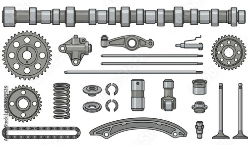 Tableau sur toile Automotive engine valvetrain parts vector set with cam sprocket tensioner rocker