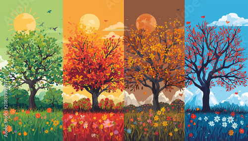 Foto A vibrant illustration depicting the progression of seasons, featuring a tree transforming from lush green spring to fiery autumn, then late autumn, and finally a stark winter landscape