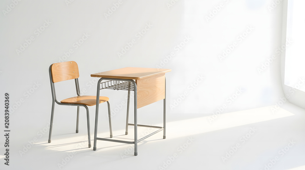 Fototapeta premium A minimalist classroom setting featuring a simple wooden school desk with a matching chair, bathed in soft natural light