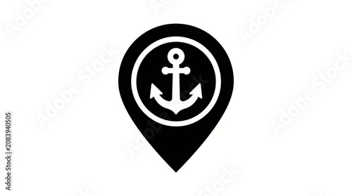 Black map pin icon with anchor symbol.