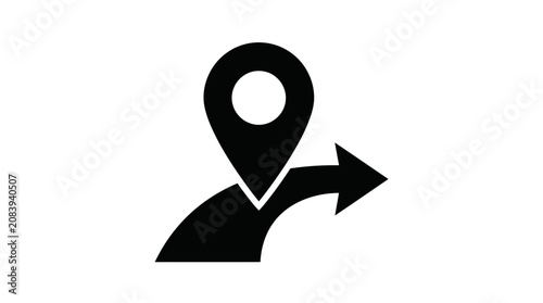 Black icon of a map pin with an arrow.