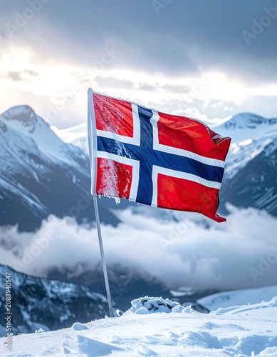 The Norwegian flag flies proudly on a snow-covered mountain peak.