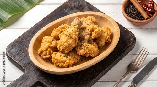 Crispy deep-fried battered chicken pieces on a wooden plate