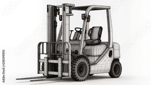 Industrial Forklift Truck Wireframe CAD Engineering Blueprint Technical 3D Visualization