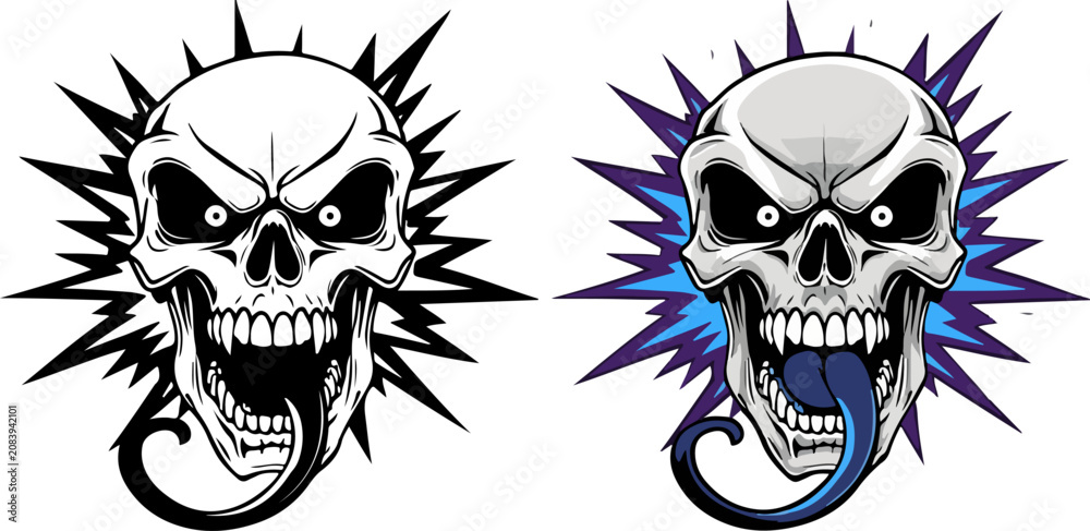 Fototapeta premium Aggressive skull mascot with long tongue and starburst background, set of 2 vector illustrations, angry demon skull head for gaming logos and t-shirt prints