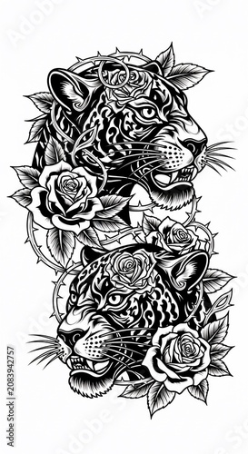 Thorned Grace: Two Leopards Crowned in Roses