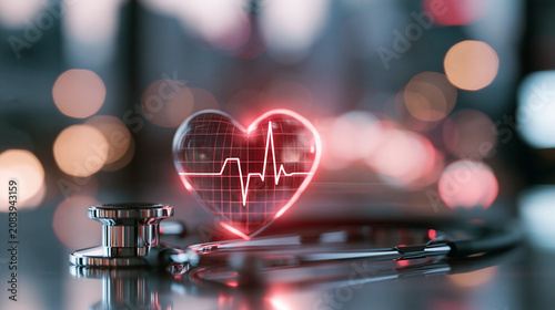 Glowing glass heart with electrocardiogram ecg line heartbeat pulse next to stethoscope on table with soft warm bokeh city lights background