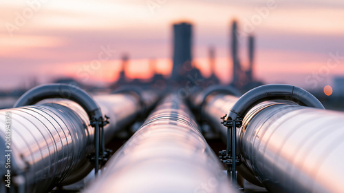 Industrial steel oil and gas pipelines leading towards blurred refinery plant with cooling towers and smoking chimneys under beautiful sunset sky background landscape