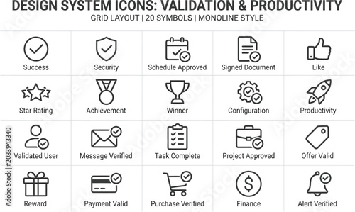 Icons representing validation and productivity are arranged in a clean grid layout for user interface design.