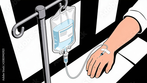 Medical IV Drip and Infusion Therapy Illustration, Intravenous Treatment in Patient Hand Vector