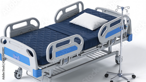Modern Adjustable Medical Hospital Bed with IV Drip Stand and Blue Mattress - 3D Illustration on White Background