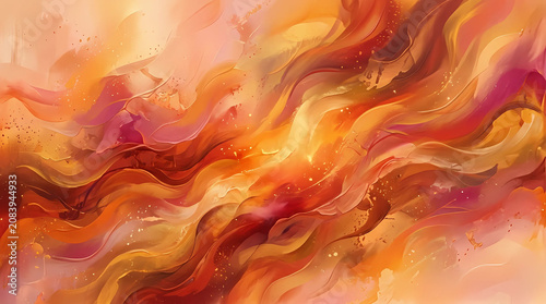 A vibrant abstract painting with swirling orange and pink hues