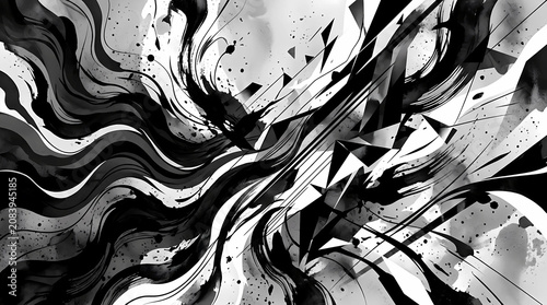 A black and white abstract art piece with dynamic swirling patterns