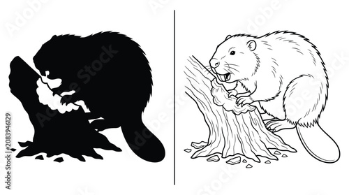 Fényképezés Beaver Animal Illustration on Tree Stump Concept with Simple White Background an