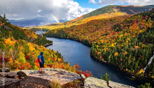 A hiker gazes over a lake framed by vibrant autumn foliage, a rainbow arches in the distant sky