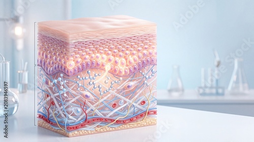 Cross section skin structure collagen fiber peptide skin regeneration hydrated dermis healthy epidermis scientific laboratory background glowing effect medical illustration