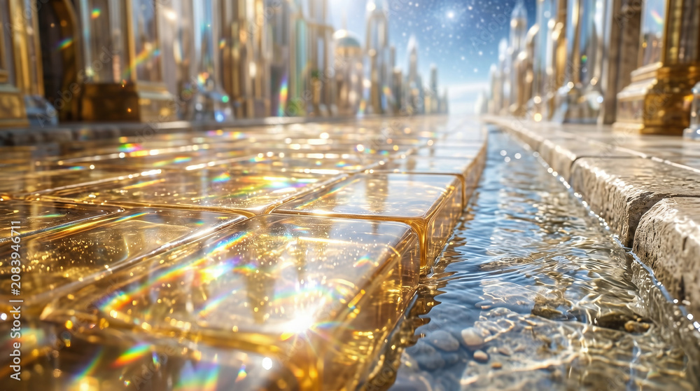 Fototapeta premium The New Jerusalem descending from the clouds. A massive, glowing, perfect cubic city with streets of gold. Heavenly paradise