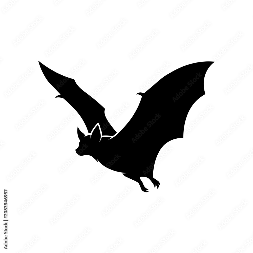 Fototapeta premium Black bat silhouette, flying mammal icon, Halloween symbol, dark creature