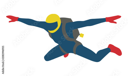 Stylized silhouette of a skydiver in a dynamic freefall posture with minimalist parachute gear isolated on white background extreme sports concept