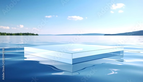 Abstract floating clear platform on rippling water surface with serene landscape background