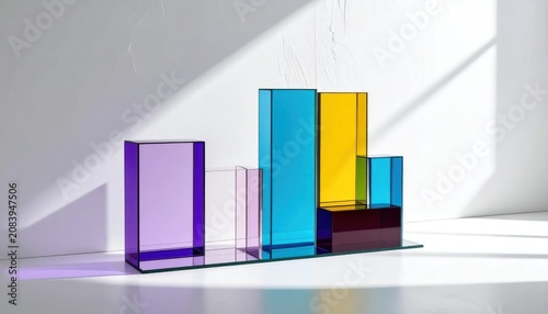 Abstract geometric arrangement of colorful acrylic blocks casting dramatic shadows on a textured white wall, studio shot