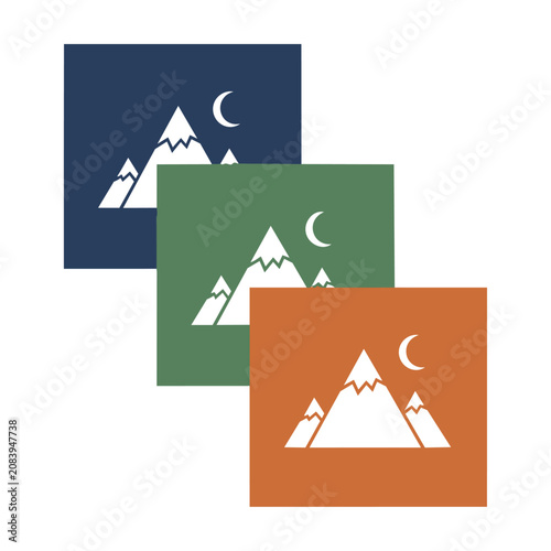 Minimalist mountain peak icons with crescent moons inside stacked square frames in bold flat colors isolated on a white background nature exploration concept
