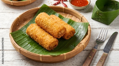 Crispy deep-fried breaded rolls on a woven tray with banana leaf