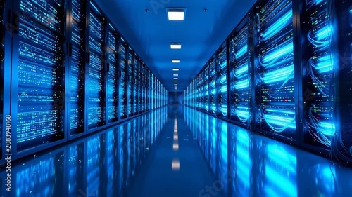 Futuristic Data Center Server Room with Blue Neon Lighting and Digital Code Visualization