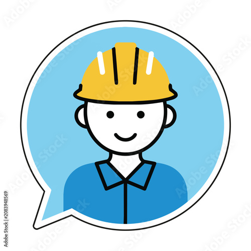 Minimalist icon of a smiling technician wearing a hard hat inside a circular speech bubble on a white background for professional support and construction concept